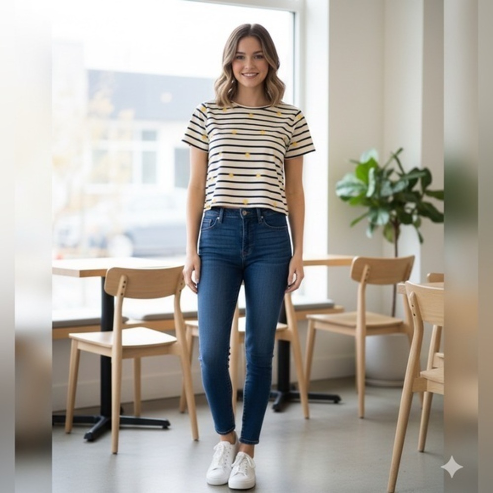 Madewell Womens XXS Black Striped Cropped T Shirt Embroidered Yellow Sun 2XS Top
